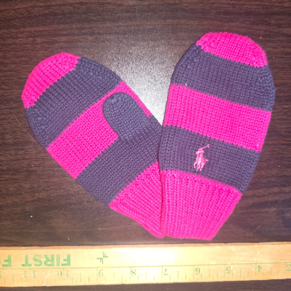 Polo Ralph Lauren Mittens 2T-4T Kids Pink Navy Striped Knit Pony Logo